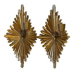 RARE MCM Hollywood Syroco Wood Gold Starburst Wall Sconces with Wood Candles